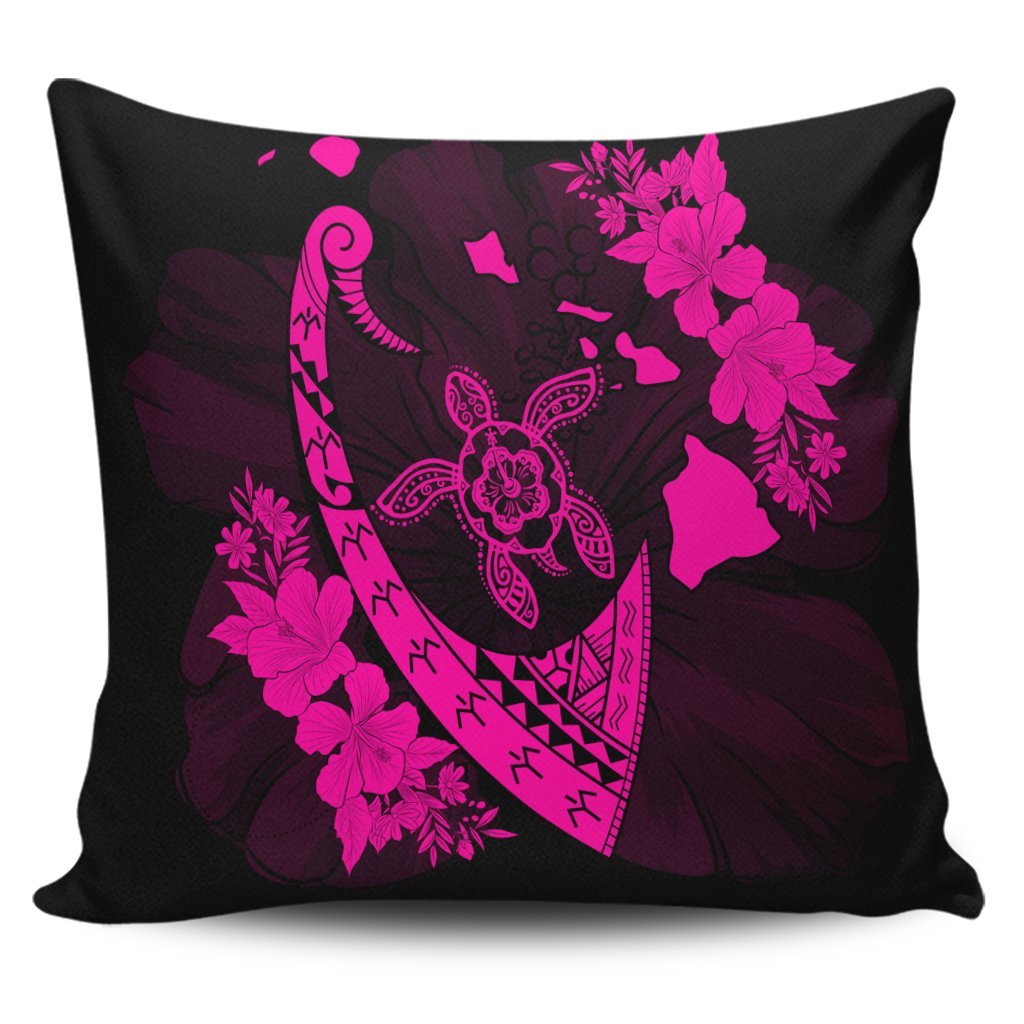 Hawaiian Map Hibiscus Turtle Fish Hook Polynesian Pillow Covers Pink - AH Pillow Covers Black - Polynesian Pride