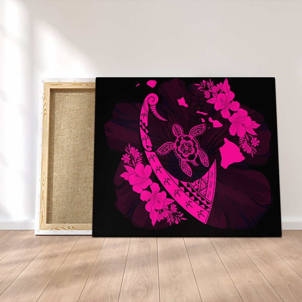 Hawaiian Map Hibiscus Turtle Fish Hook Polynesian Canvas Pink - AH Canvas Poly-cotton - Polynesian Pride