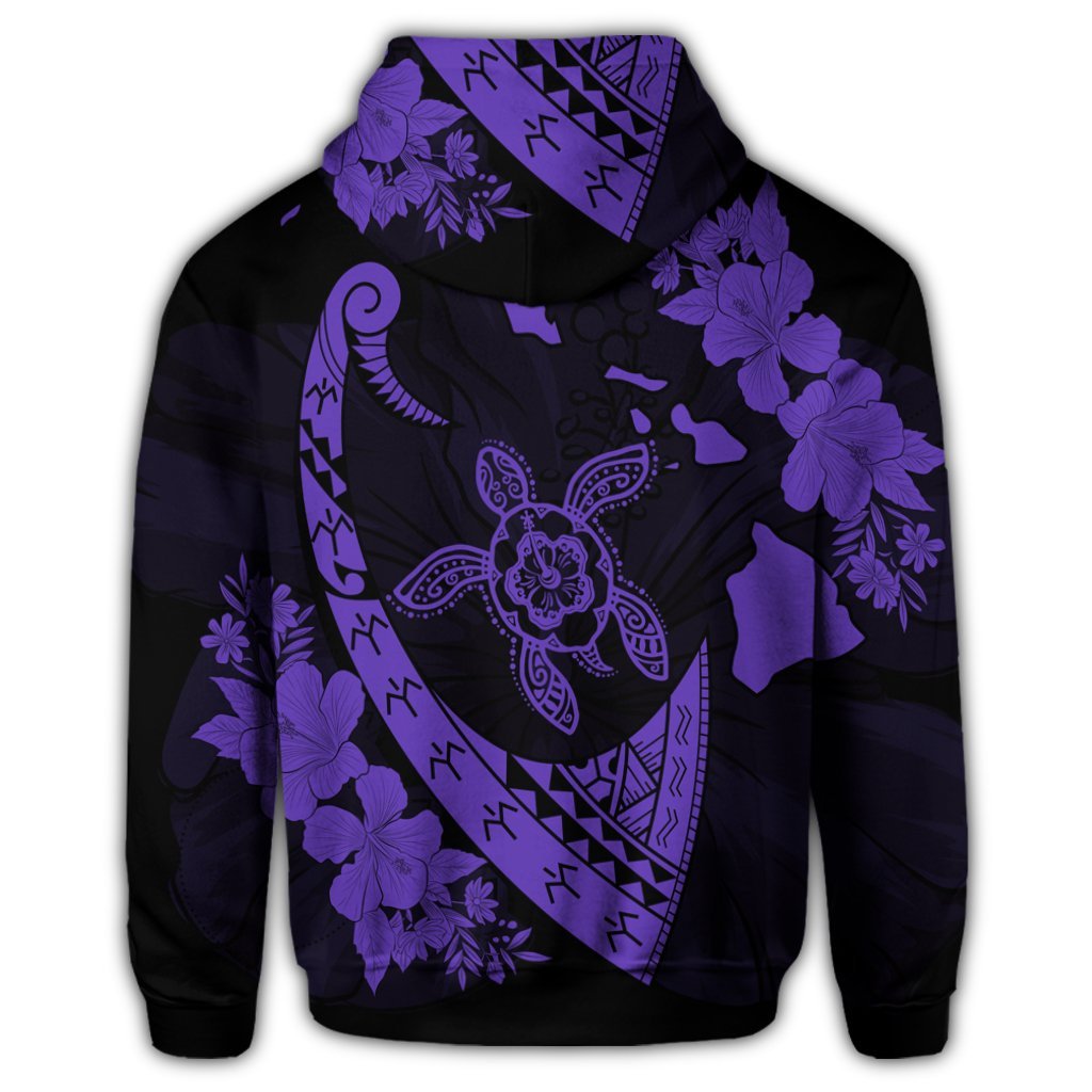 Hawaiian Map Hibiscus Turtle Fish Hook Polynesian Zip Hoodie Purple - Polynesian Pride