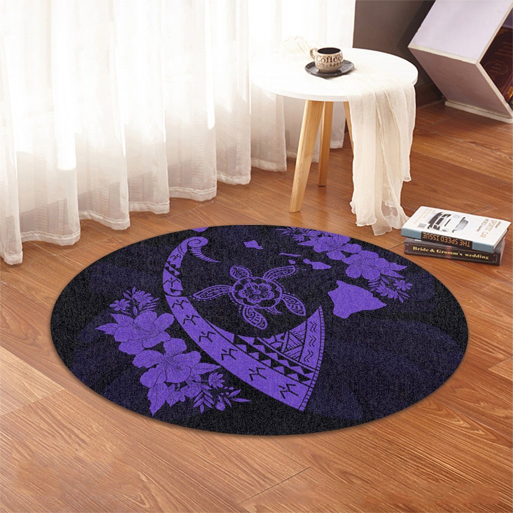 Hawaiian Map Hibiscus Turtle Fish Hook Polynesian Round Carpet Purple - AH - Polynesian Pride