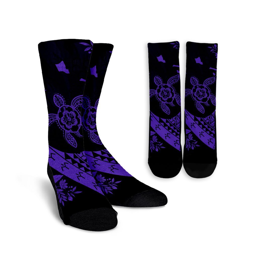 Hawaiian Map Hibiscus Turtle Fish Hook Polynesian Crew Socks Purple - AH Crew Socks White - Polynesian Pride