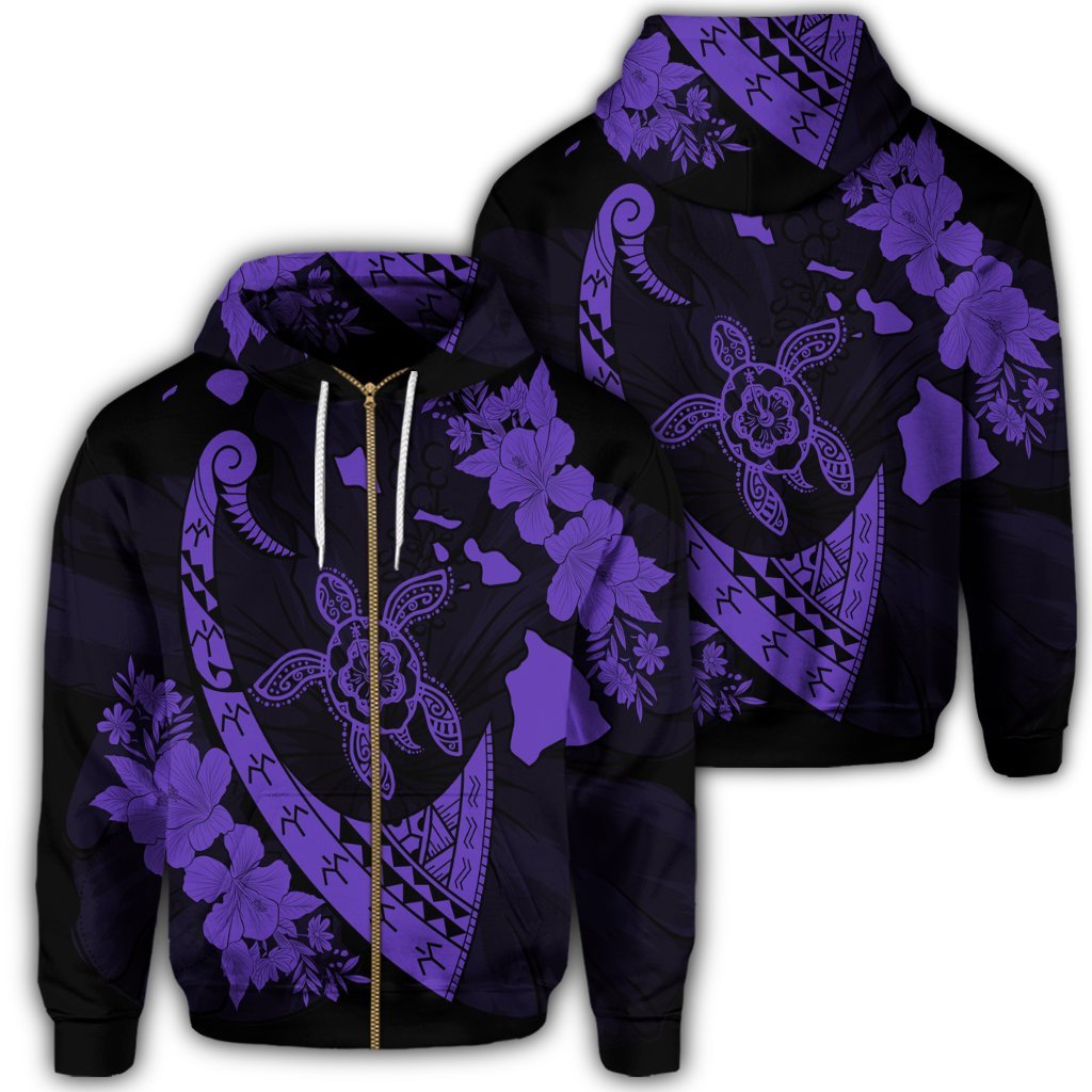 Hawaiian Map Hibiscus Turtle Fish Hook Polynesian Zip Hoodie Purple Unisex Art - Polynesian Pride