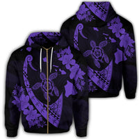 Hawaiian Map Hibiscus Turtle Fish Hook Polynesian Zip Hoodie Purple Unisex Art - Polynesian Pride
