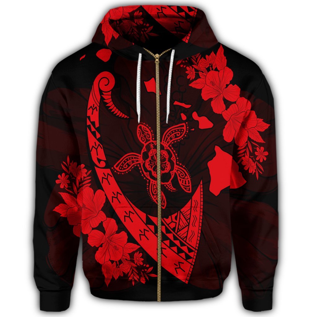 Hawaiian Map Hibiscus Turtle Fish Hook Polynesian Zip Hoodie Red - Polynesian Pride