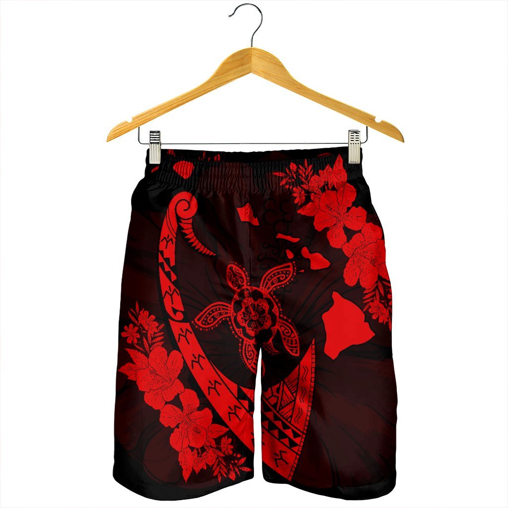 Hawaiian Map Hibiscus Turtle Fish Hook Polynesian Men's Shorts Red - AH - Polynesian Pride