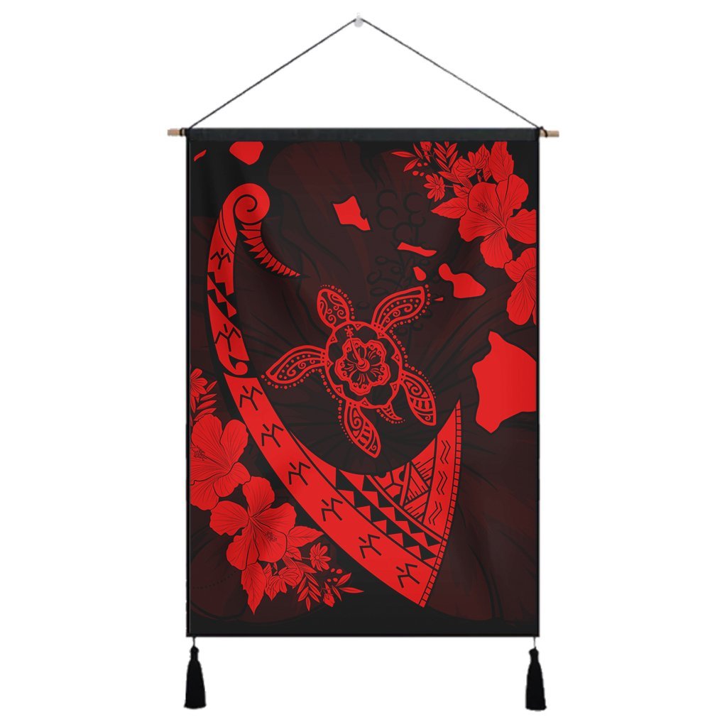 Hawaiian Map Hibiscus Turtle Fish Hook Polynesian Hanging Poster Red - AH Hanging Poster Cotton And Linen - Polynesian Pride