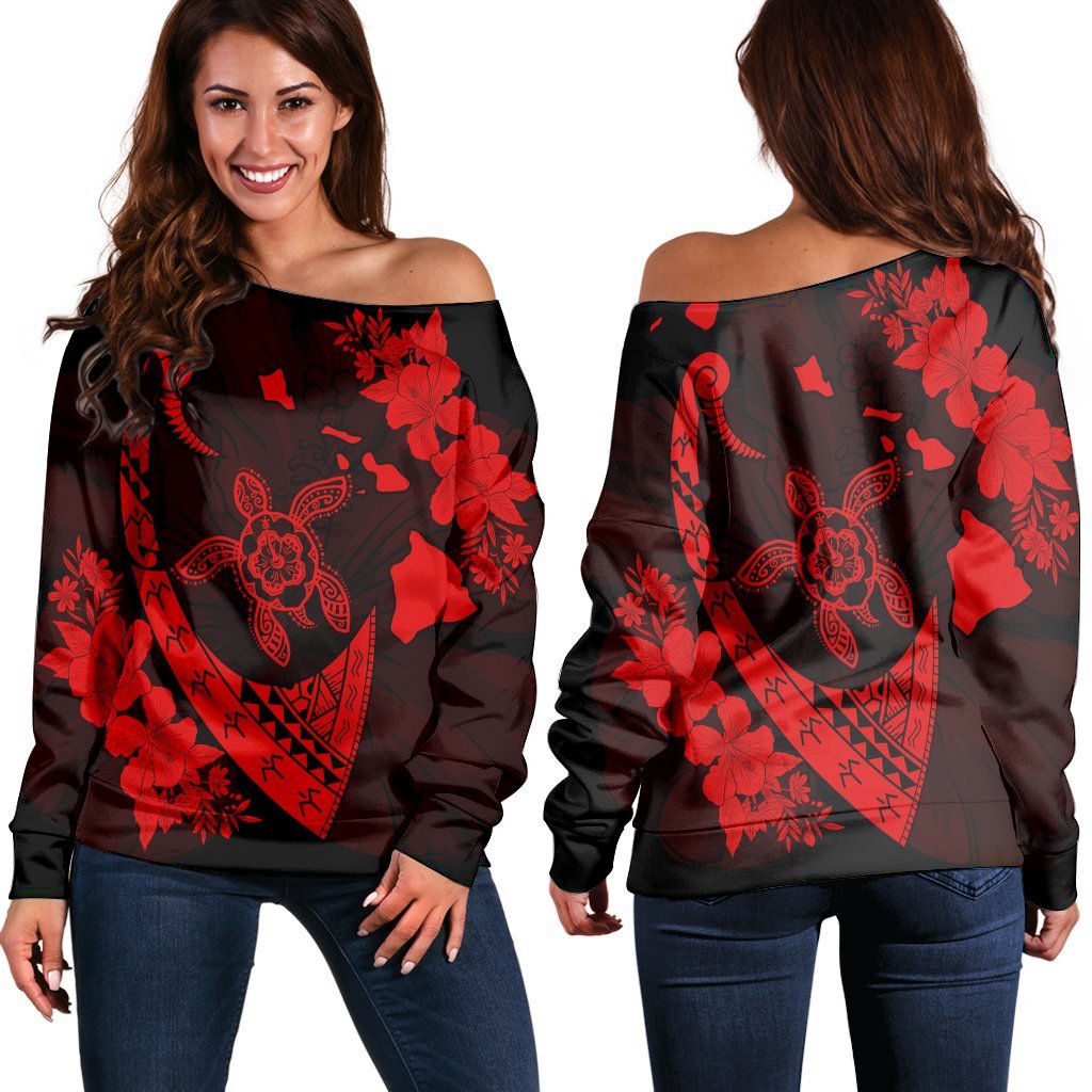 Hawaiian Map Hibiscus Turtle Fish Hook Polynesian Women's Off Shoulder Sweater Red - AH Black - Polynesian Pride