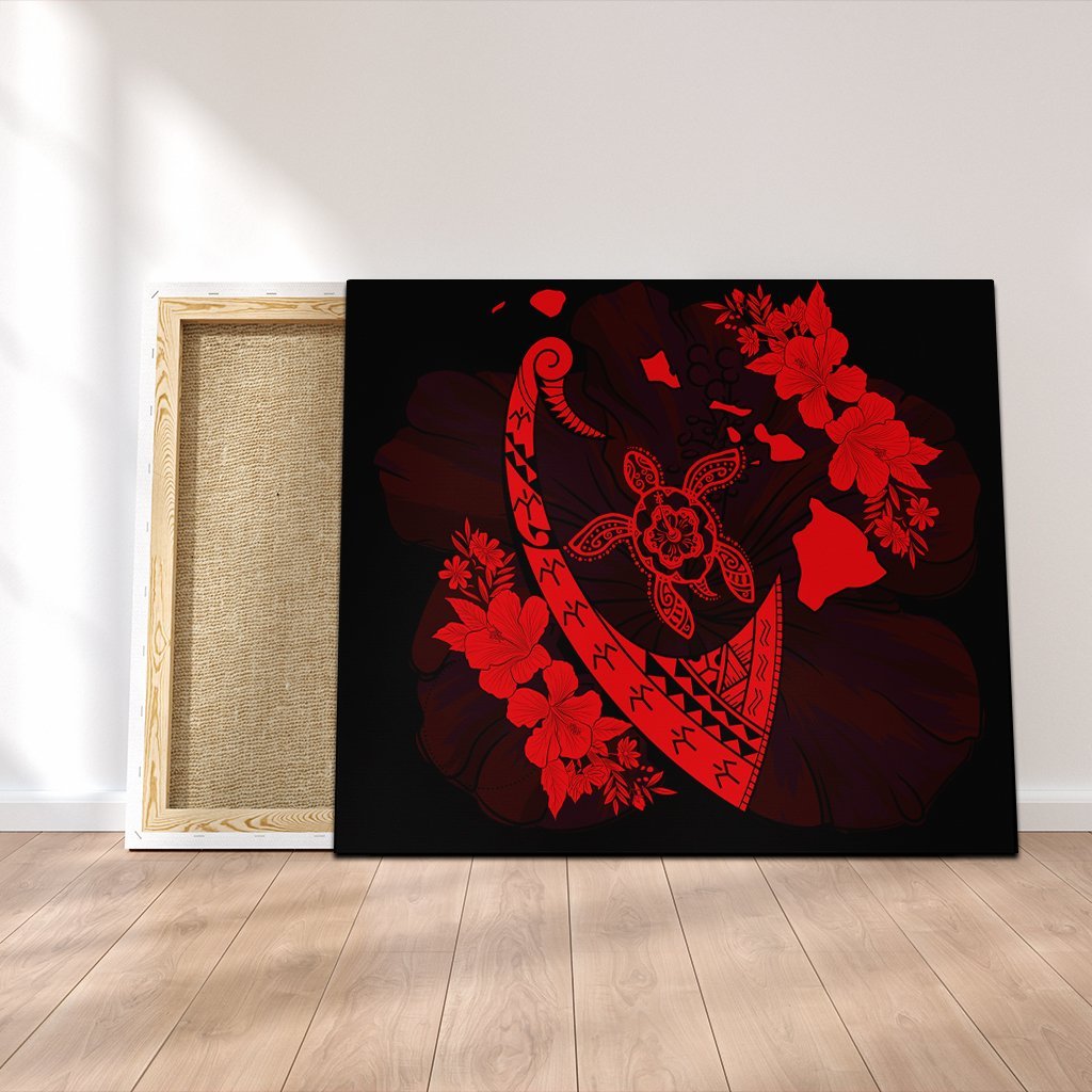 Hawaiian Map Hibiscus Turtle Fish Hook Polynesian Canvas Red - AH Canvas Poly-cotton - Polynesian Pride