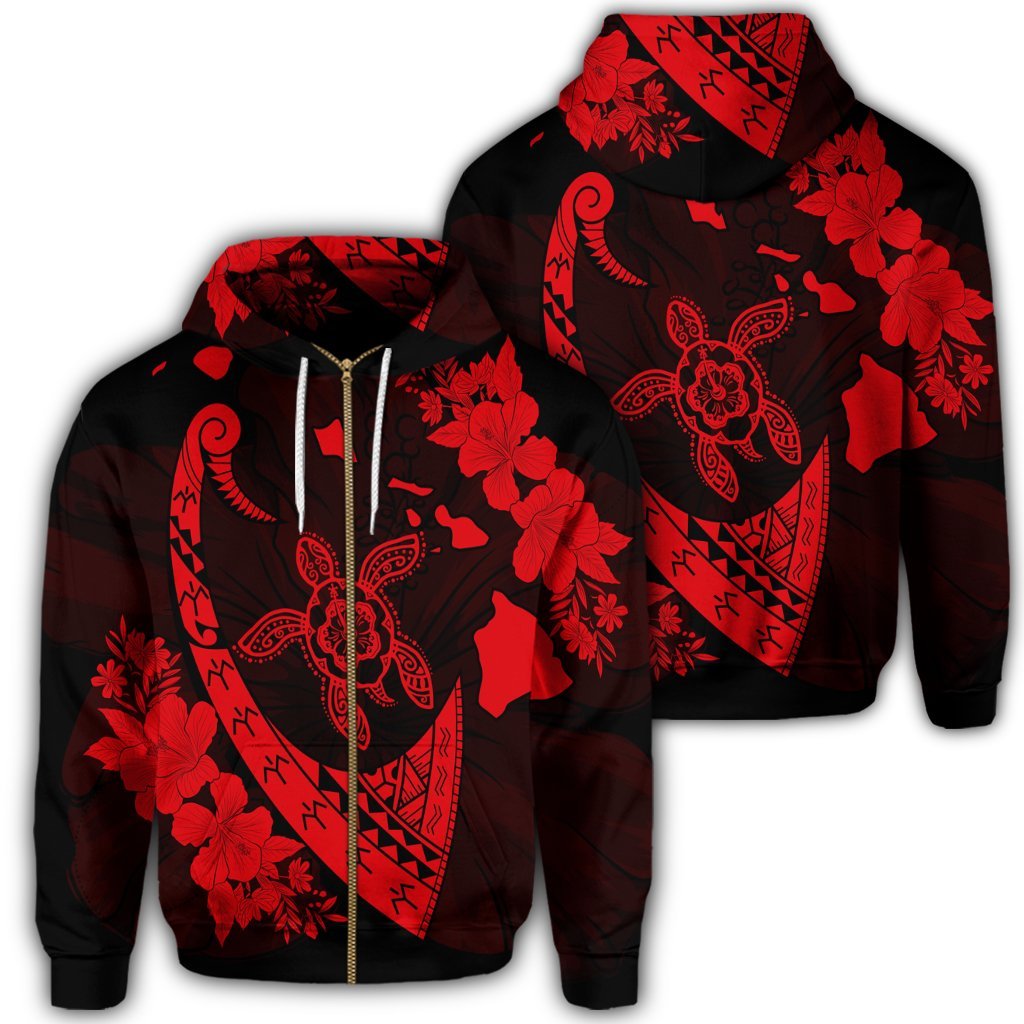 Hawaiian Map Hibiscus Turtle Fish Hook Polynesian Zip Hoodie Red Unisex Art - Polynesian Pride