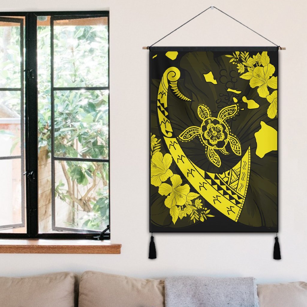 Hawaiian Map Hibiscus Turtle Fish Hook Polynesian Hanging Poster Yellow - AH - Polynesian Pride