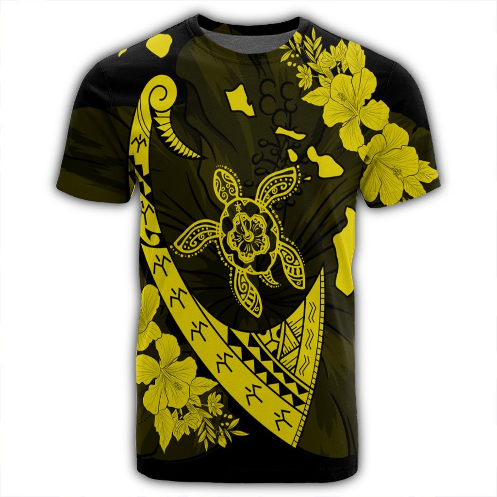 Hawaiian Map Hibiscus Turtle Fish Hook Polynesian T Shirt Yellow - Polynesian Pride