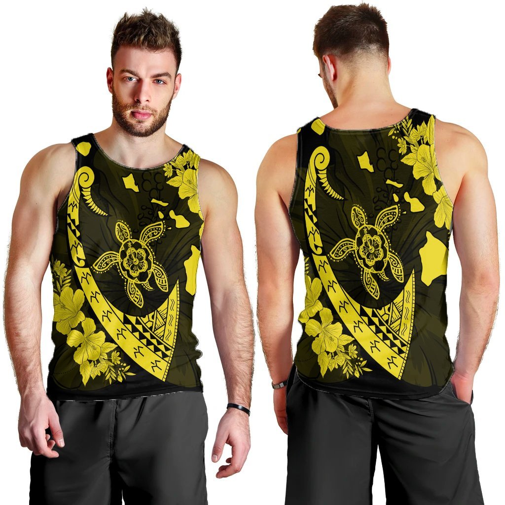 Hawaiian Map Hibiscus Turtle Fish Hook Polynesian Tank Top Yellow - AH - Polynesian Pride