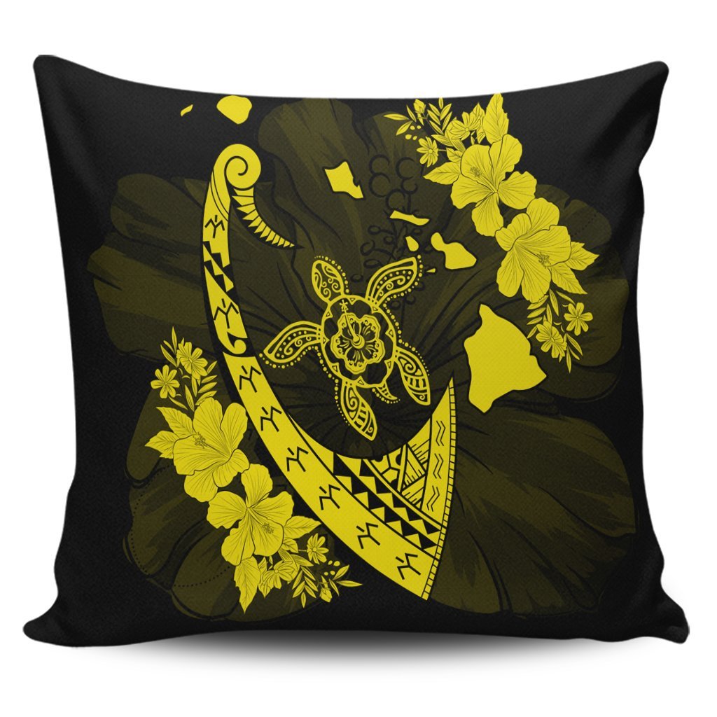 Hawaiian Map Hibiscus Turtle Fish Hook Polynesian Pillow Covers Yellow - AH Pillow Covers Black - Polynesian Pride