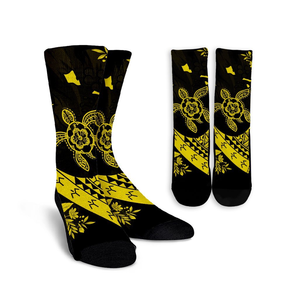 Hawaiian Map Hibiscus Turtle Fish Hook Polynesian Crew Socks Yellow - AH Crew Socks White - Polynesian Pride