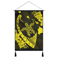 Hawaiian Map Hibiscus Turtle Fish Hook Polynesian Hanging Poster Yellow - AH Hanging Poster Cotton And Linen - Polynesian Pride