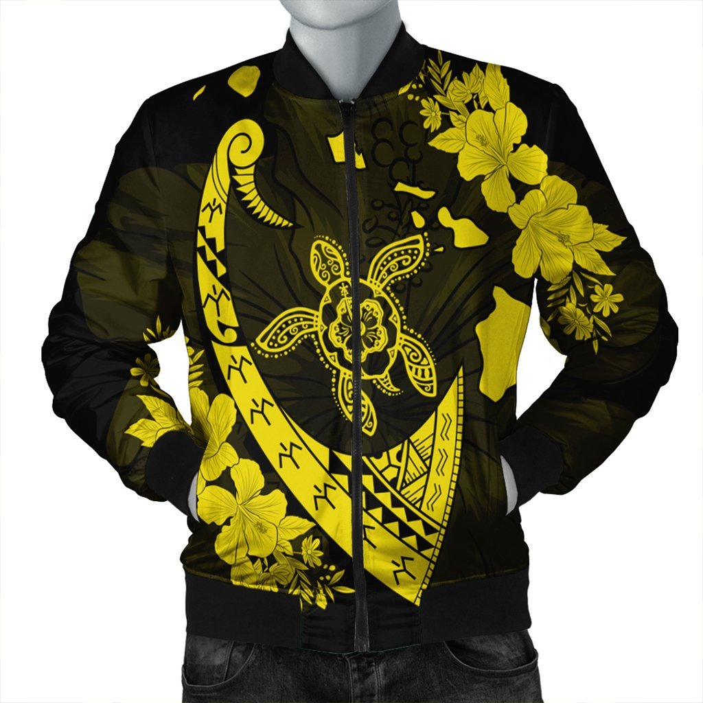 Hawaiian Map Hibiscus Turtle Fish Hook Polynesian Bomber Jacket Yellow - AH Black Unisex - Polynesian Pride