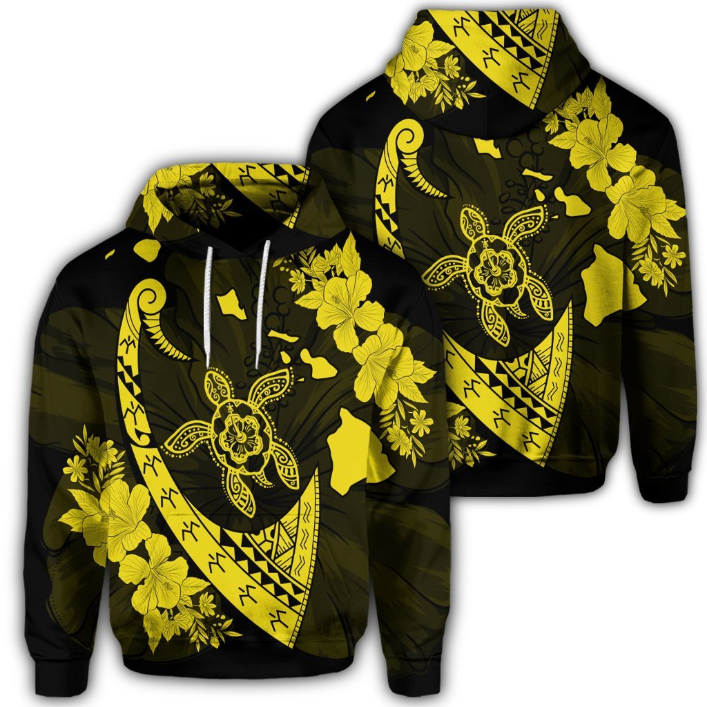 Hawaiian Map Hibiscus Turtle Fish Hook Polynesian Hoodie Yellow Unisex Art - Polynesian Pride