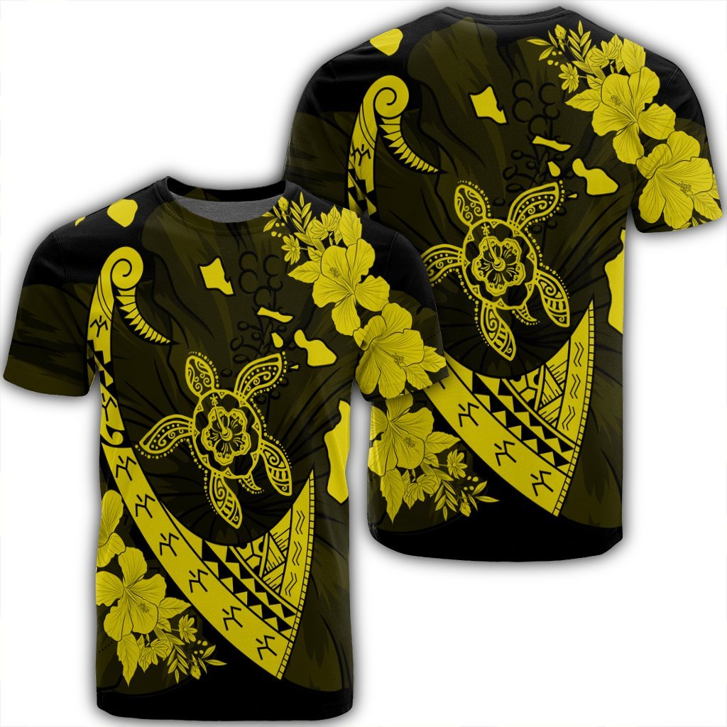 Hawaiian Map Hibiscus Turtle Fish Hook Polynesian T Shirt Yellow Unisex Black - Polynesian Pride