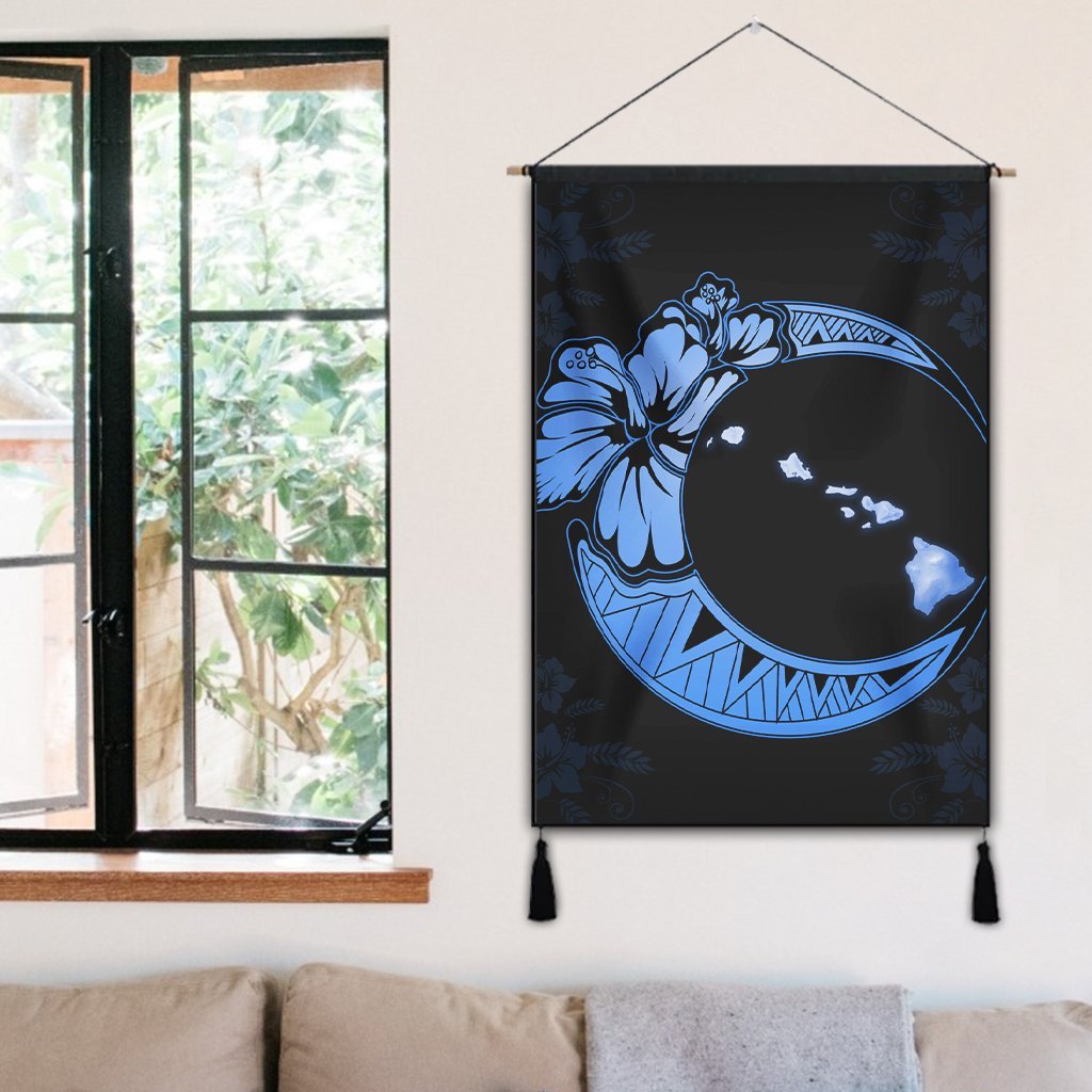 Hawaiian Map Hibiscus Turtle Polynesian Moon Hanging Poster Blue - AH - Polynesian Pride