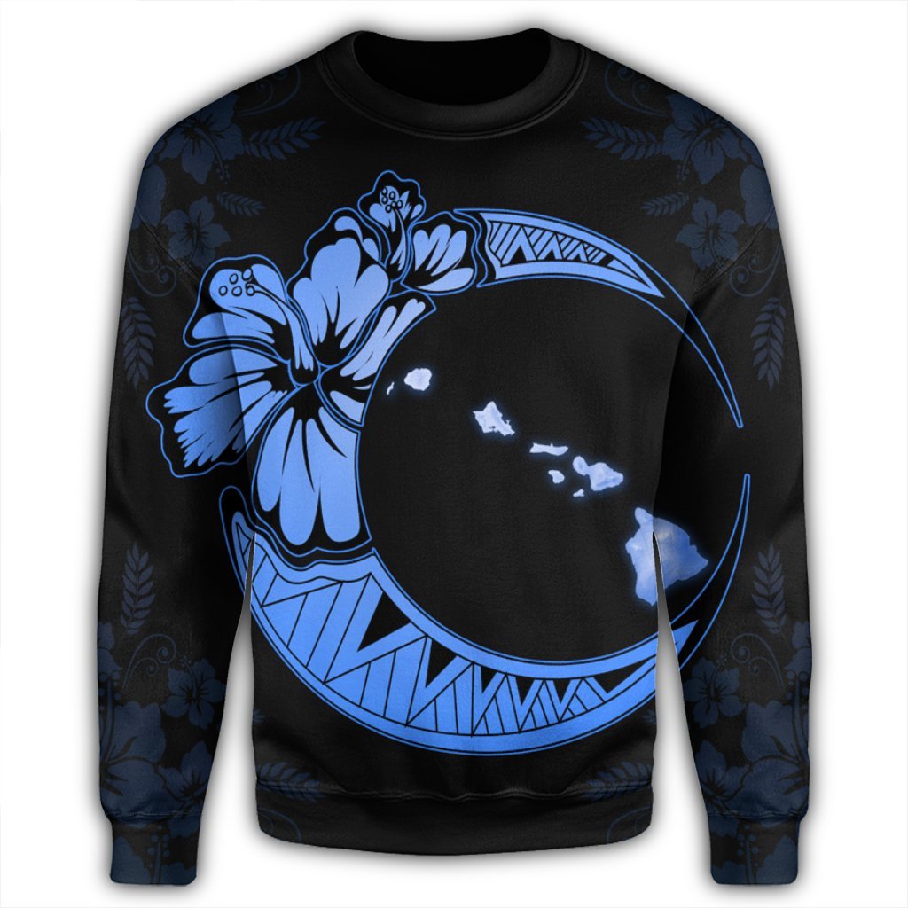 Hawaiian Map Hibiscus Turtle Polynesian Moon Sweatshirt Blue - AH - Polynesian Pride