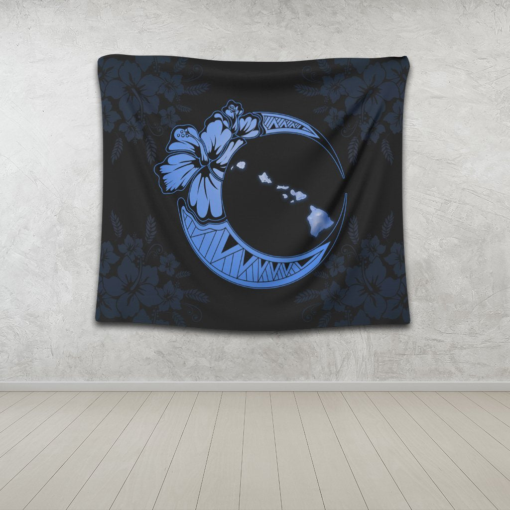Hawaiian Map Hibiscus Turtle Polynesian Moon Tapestry Blue - AH - Polynesian Pride