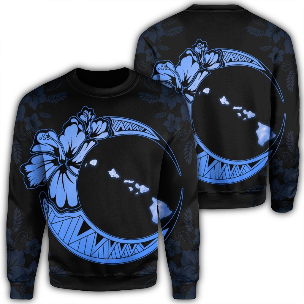 Hawaiian Map Hibiscus Turtle Polynesian Moon Sweatshirt Blue - AH Unisex Black - Polynesian Pride