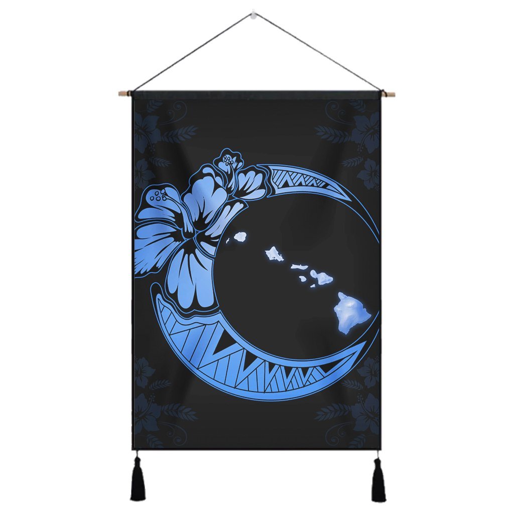 Hawaiian Map Hibiscus Turtle Polynesian Moon Hanging Poster Blue - AH Hanging Poster Cotton And Linen - Polynesian Pride