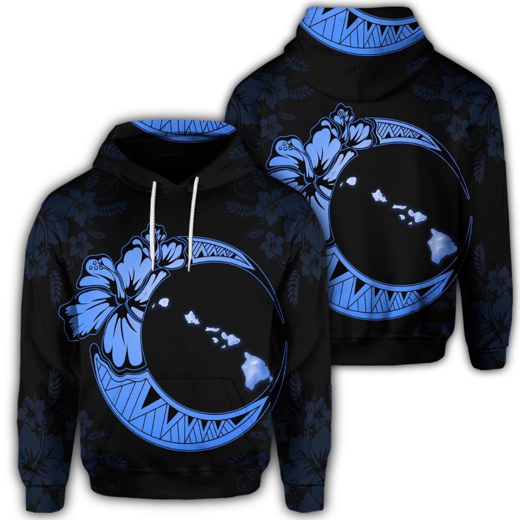 Hawaiian Map Hibiscus Turtle Polynesian Moon Hoodie Blue Unisex Art - Polynesian Pride