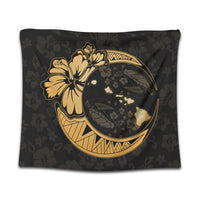 Hawaiian Map Hibiscus Turtle Polynesian Moon Tapestry Gold - AH Wall Tapestry Black - Polynesian Pride