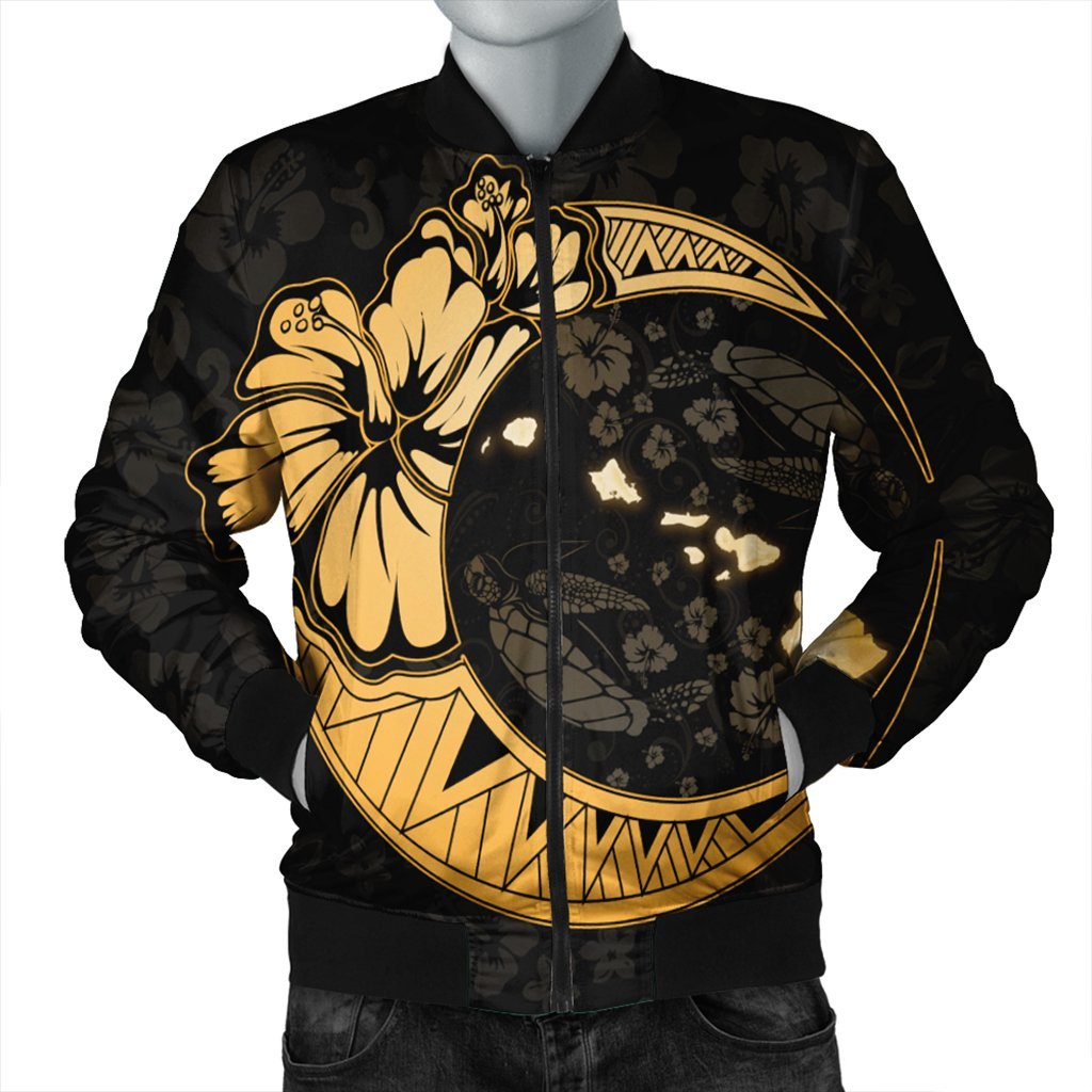 Hawaiian Map Hibiscus Turtle Polynesian Moon Bomber Jacket Gold - AH Black Unisex - Polynesian Pride