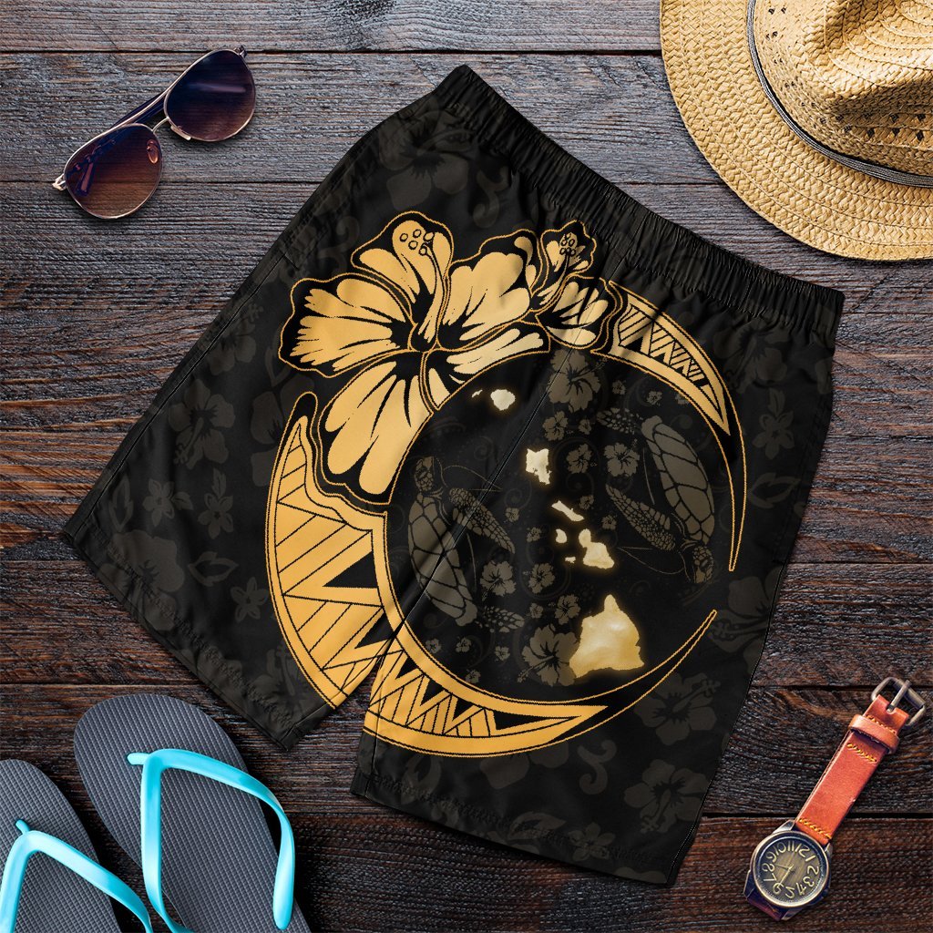 Hawaiian Map Hibiscus Turtle Polynesian Moon Men's Shorts Gold - AH Art - Polynesian Pride