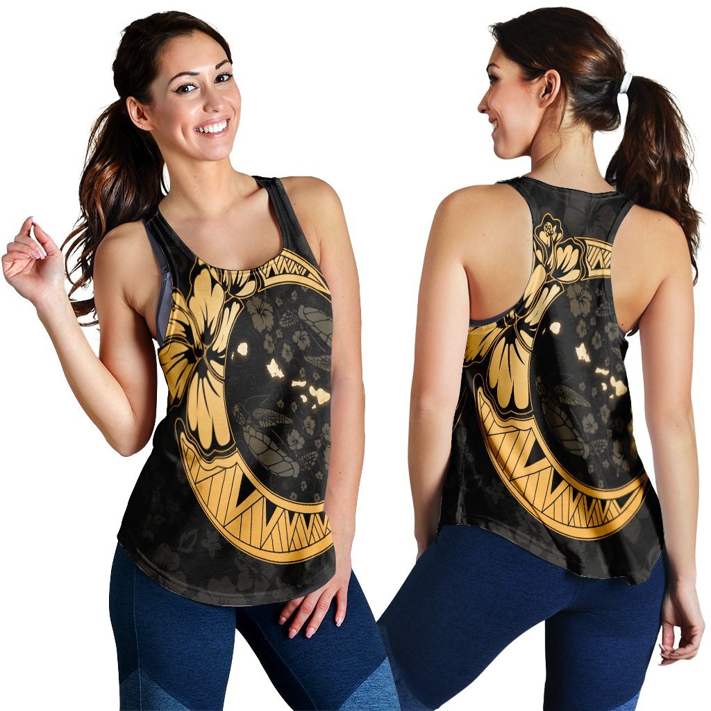 Hawaiian Map Hibiscus Turtle Polynesian Moon Racerback Tank Gold - AH Black - Polynesian Pride
