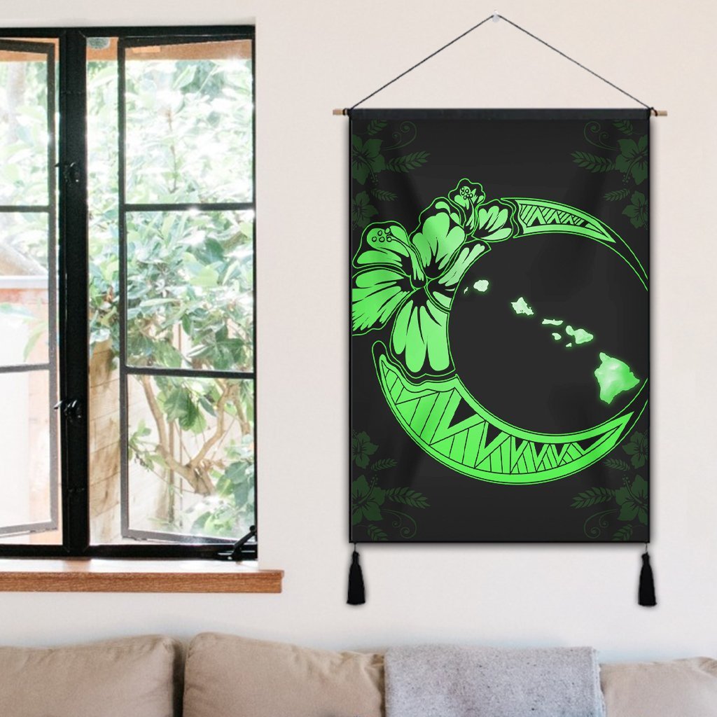 Hawaiian Map Hibiscus Turtle Polynesian Moon Hanging Poster Green - AH - Polynesian Pride