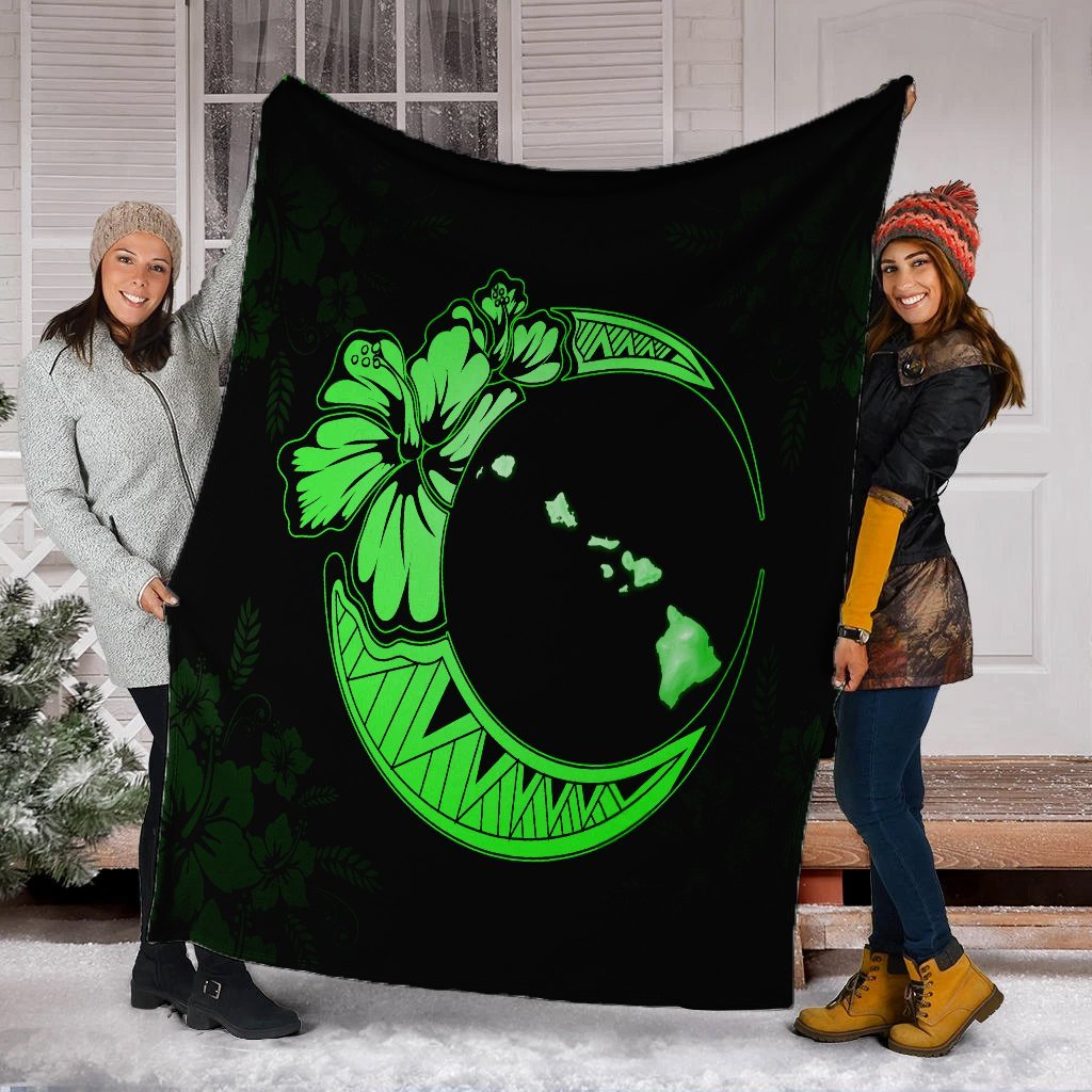 Hawaiian Map Hibiscus Turtle Polynesian Moon Premium Blankets Green - AH - Polynesian Pride