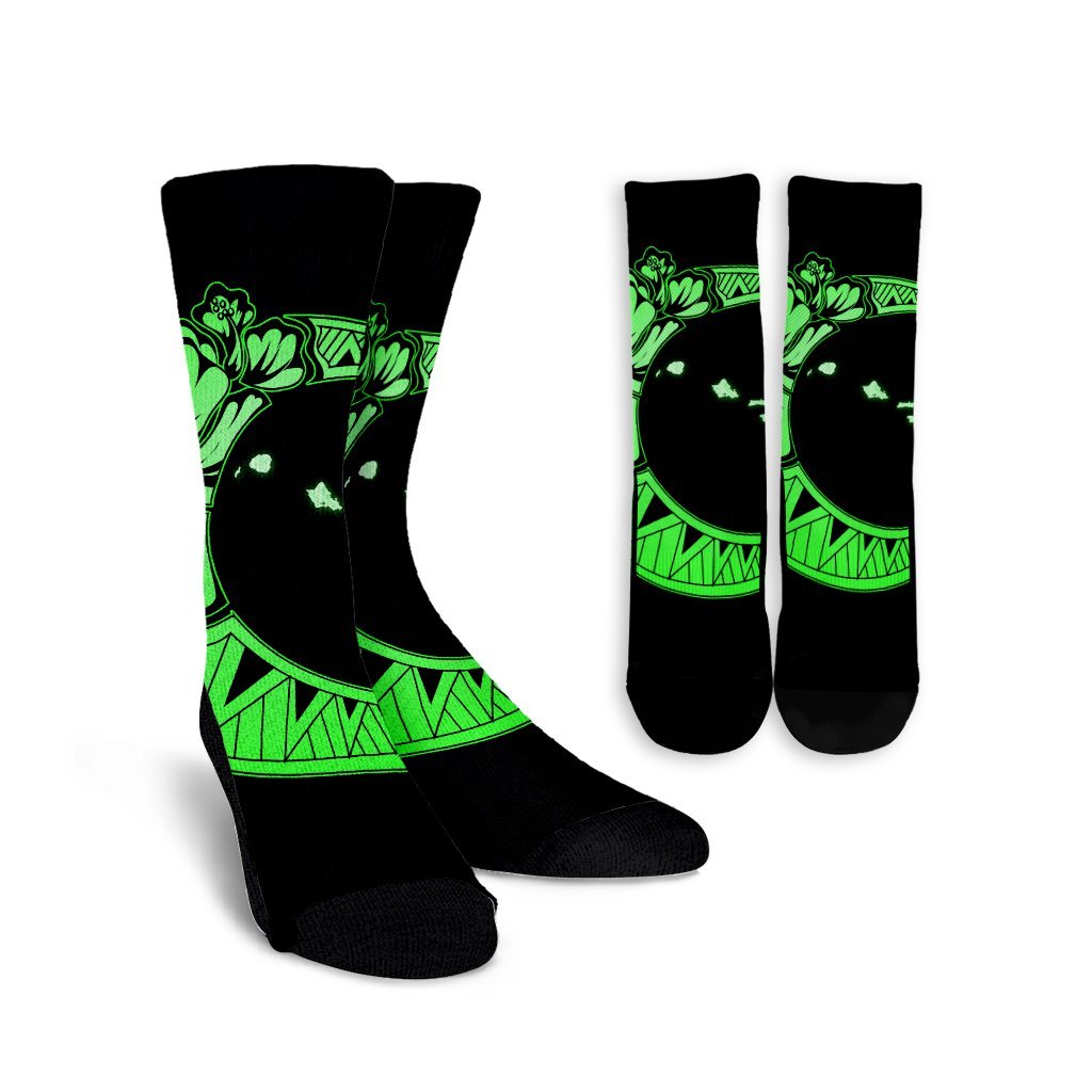 Hawaiian Map Hibiscus Turtle Polynesian Moon Crew Socks Green - AH Crew Socks White - Polynesian Pride