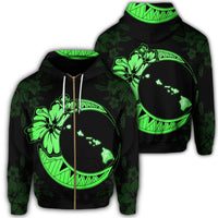 Hawaiian Map Hibiscus Turtle Polynesian Moon Zip Hoodie Green Unisex Art - Polynesian Pride