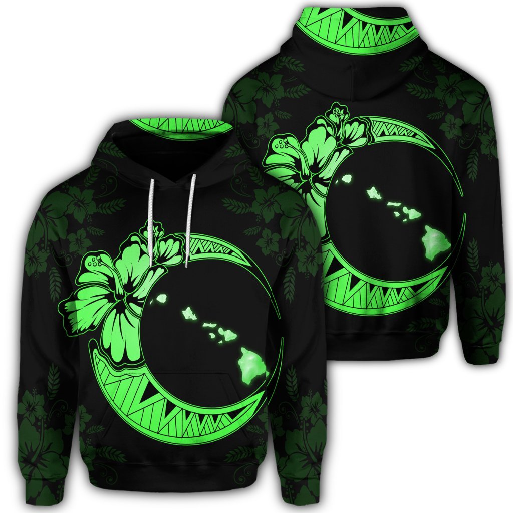 Hawaiian Map Hibiscus Turtle Polynesian Moon Hoodie Green Unisex Art - Polynesian Pride