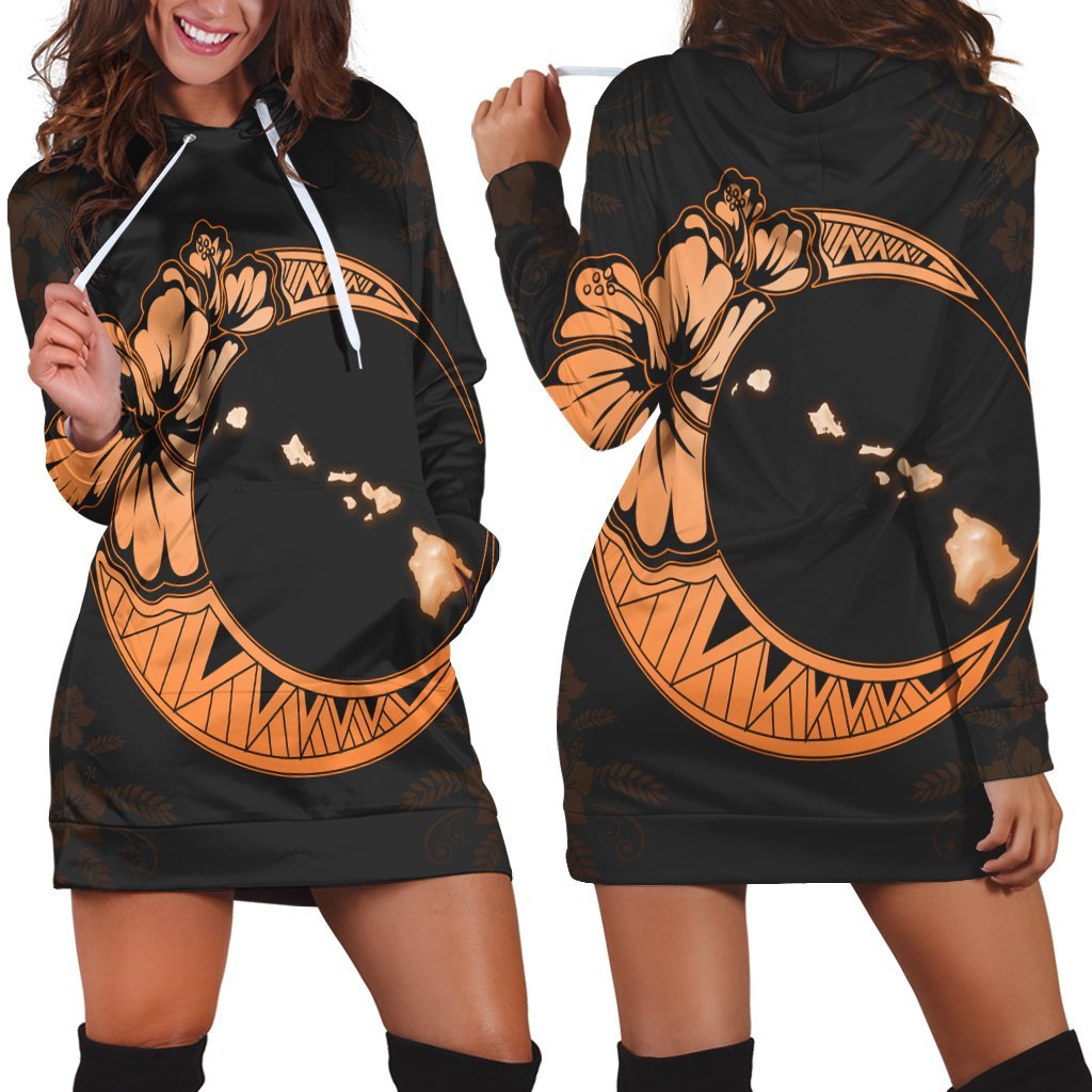 Hawaiian Map Hibiscus Turtle Polynesian Moon Hoodie Dress Orange - AH Black - Polynesian Pride