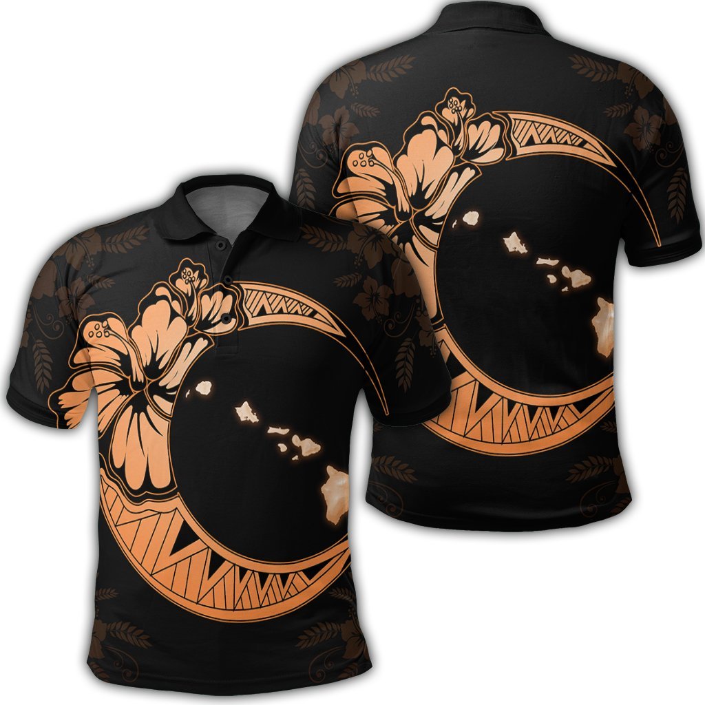 Hawaiian Map Hibiscus Turtle Polynesian Moon Polo Shirt Orange Unisex Black - Polynesian Pride