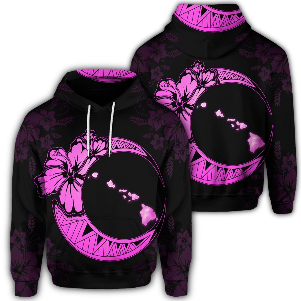 Hawaiian Map Hibiscus Turtle Polynesian Moon Hoodie Pink Unisex Art - Polynesian Pride