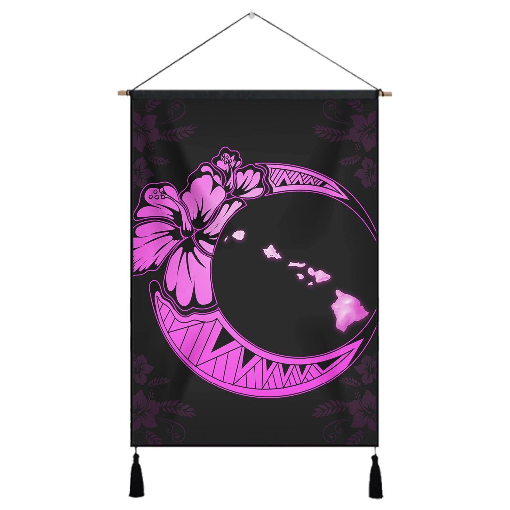 Hawaiian Map Hibiscus Turtle Polynesian Moon Hanging Poster Pink - AH Hanging Poster Cotton And Linen - Polynesian Pride