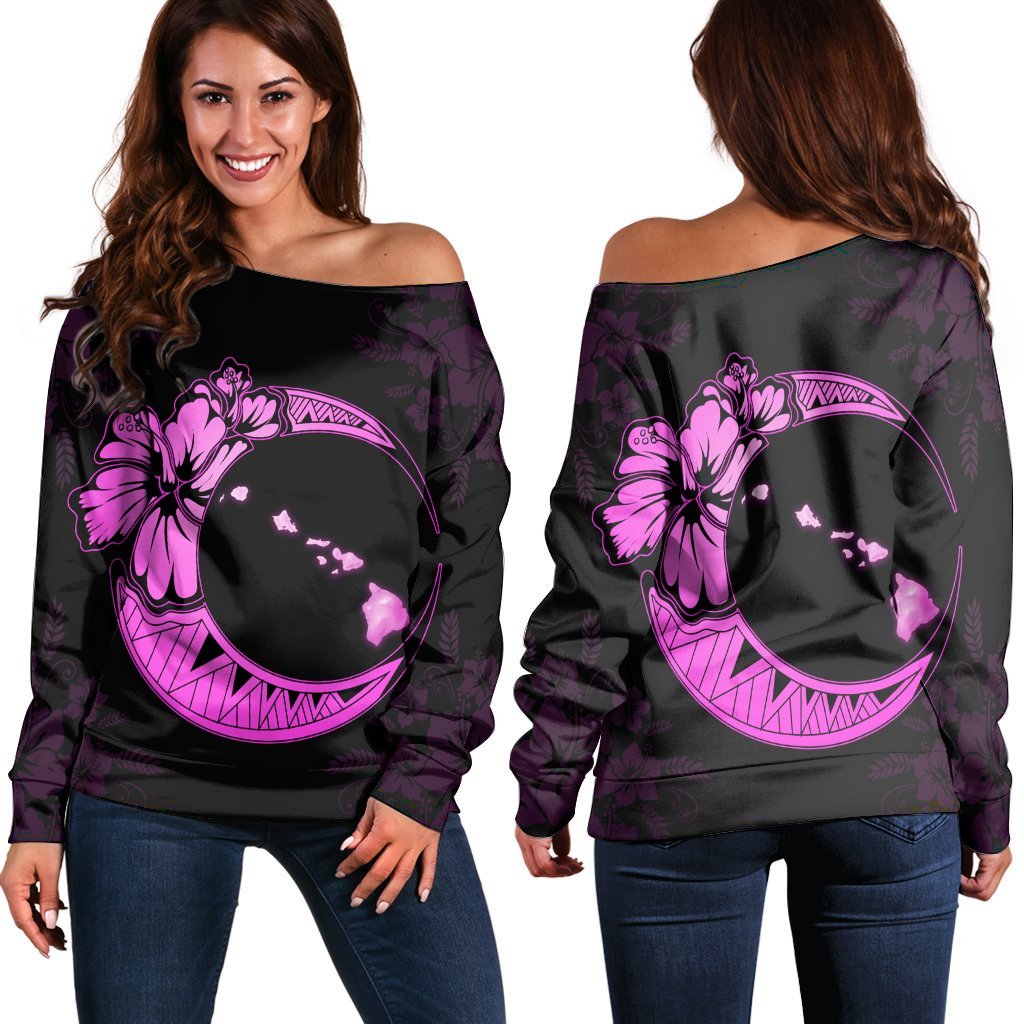 Hawaiian Map Hibiscus Turtle Polynesian Moon Women's Off Shoulder Sweater Pink - AH Black - Polynesian Pride