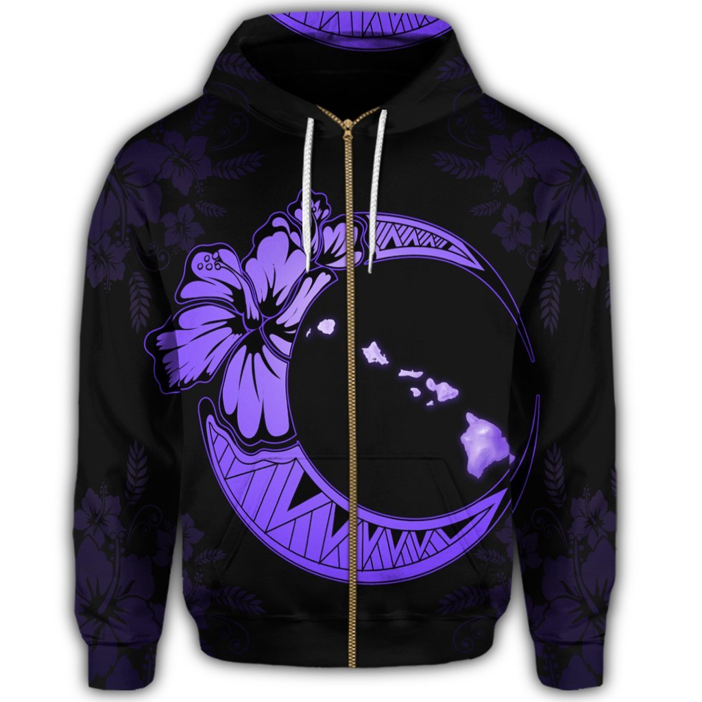 Hawaiian Map Hibiscus Turtle Polynesian Moon Zip Hoodie Purple - Polynesian Pride