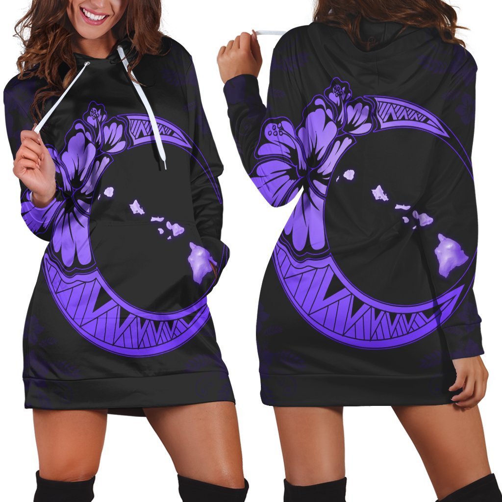 Hawaiian Map Hibiscus Turtle Polynesian Moon Hoodie Dress Purple - AH Black - Polynesian Pride