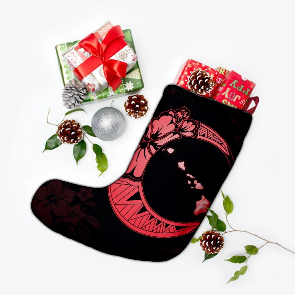 Hawaiian Map Hibiscus Turtle Polynesian Moon Christmas Stocking Red - AH - Polynesian Pride