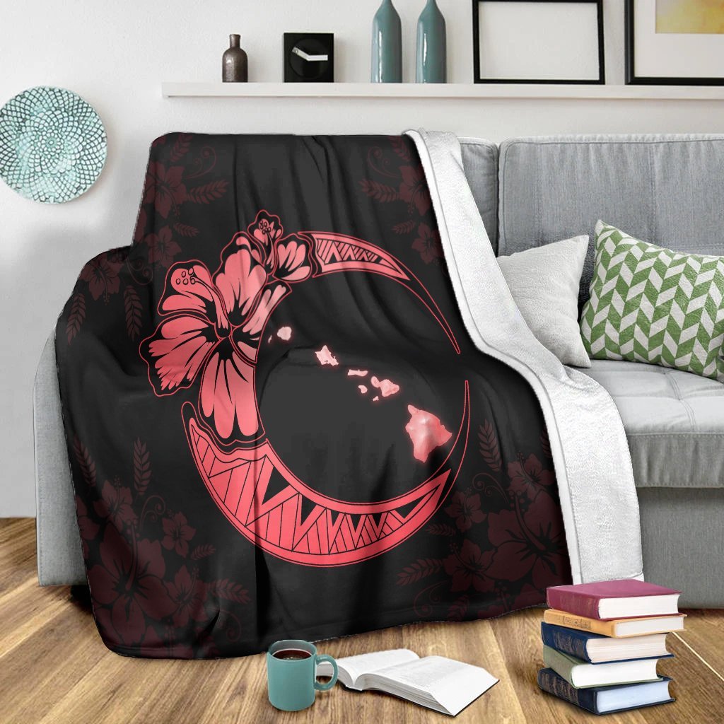 Hawaiian Map Hibiscus Turtle Polynesian Moon Premium Blankets Red - AH - Polynesian Pride