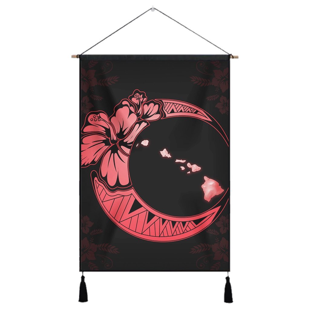 Hawaiian Map Hibiscus Turtle Polynesian Moon Hanging Poster Red - AH Hanging Poster Cotton And Linen - Polynesian Pride