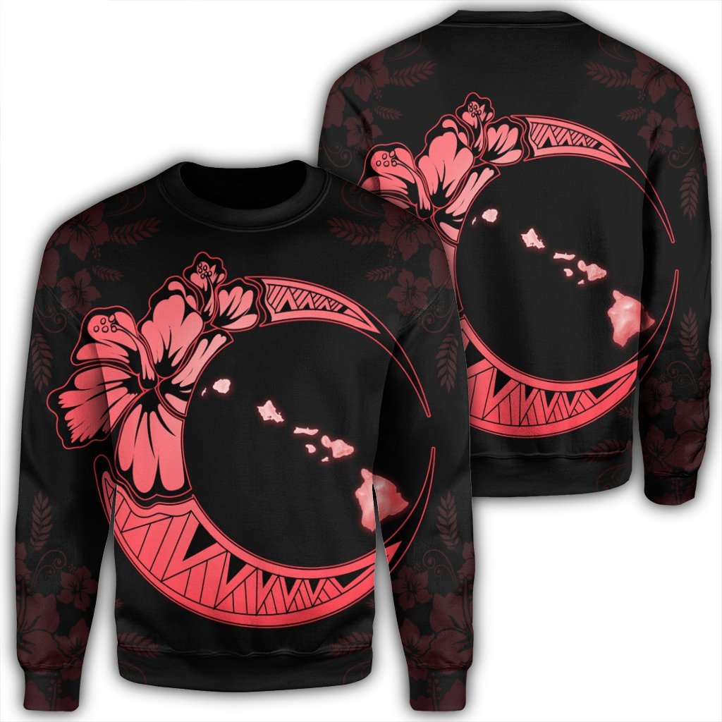Hawaiian Map Hibiscus Turtle Polynesian Moon Sweatshirt Red - AH Unisex Black - Polynesian Pride