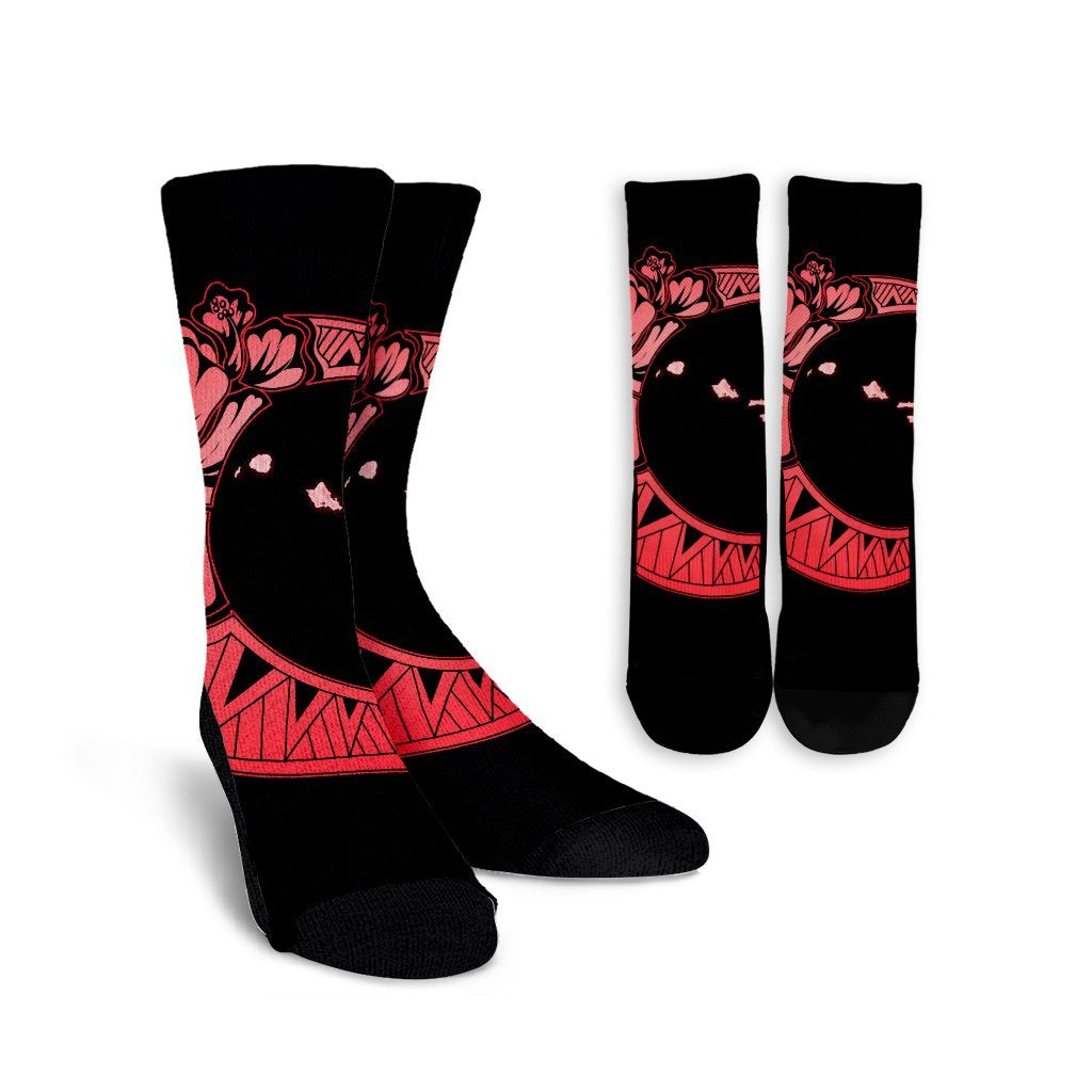 Hawaiian Map Hibiscus Turtle Polynesian Moon Crew Socks Red - AH Crew Socks White - Polynesian Pride