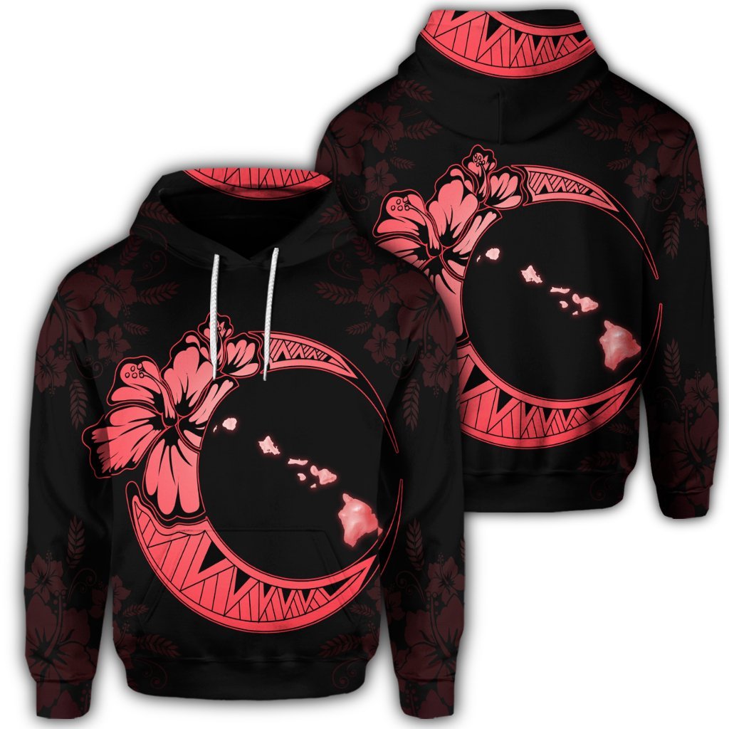 Hawaiian Map Hibiscus Turtle Polynesian Moon Hoodie Red Unisex Art - Polynesian Pride